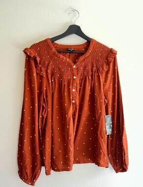 A.n.a A New Approach Blouse Womens PXL Orange Polka Dot Tunic Long Sleeve NWT